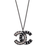 Chanel CC Chain Pendant Necklace Silver Black Rhinestone B15V 166363