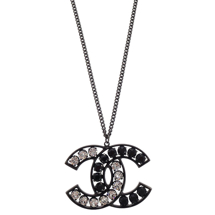 Chanel CC Chain Pendant Necklace Silver Black Rhinestone B15V 166363