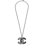 Chanel CC Chain Pendant Necklace Silver Black Rhinestone B15V 166363