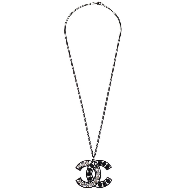 Chanel CC Chain Pendant Necklace Silver Black Rhinestone B15V 166363