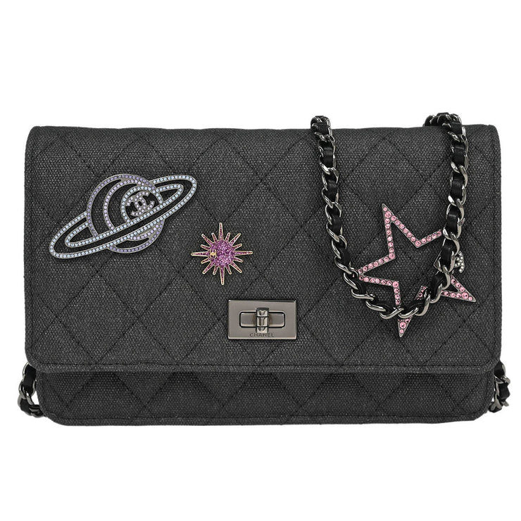 Chanel Gray Canvas Rhinestone Mademoiselle Lock Wallet on Chain WOC 166432
