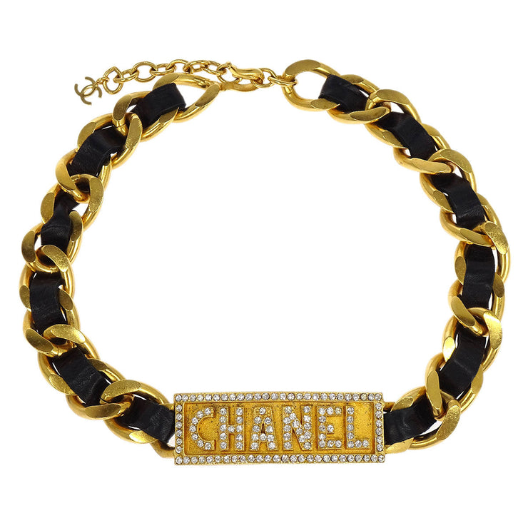 Chanel Gold Black Leather Rhinestone Choker Necklace 95P 166499