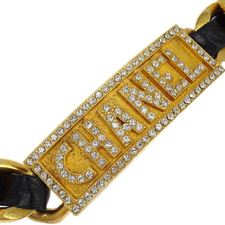 Chanel Gold Black Leather Rhinestone Choker Necklace 95P 166499