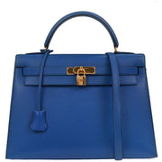 Hermes Blue France Courchevel Kelly 32 Sellier Handbag  Z 22 166579