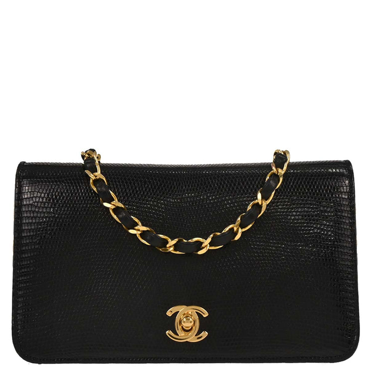 Chanel Black Lizard Turnlock Mini Full Flap Shoulder Bag 166612