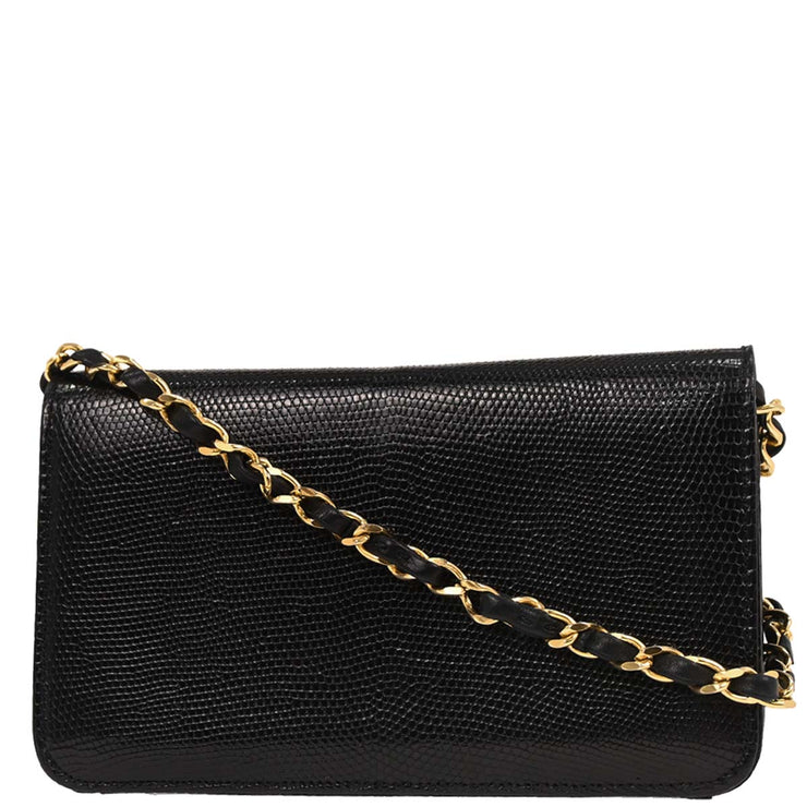 Chanel Black Lizard Turnlock Mini Full Flap Shoulder Bag 166612