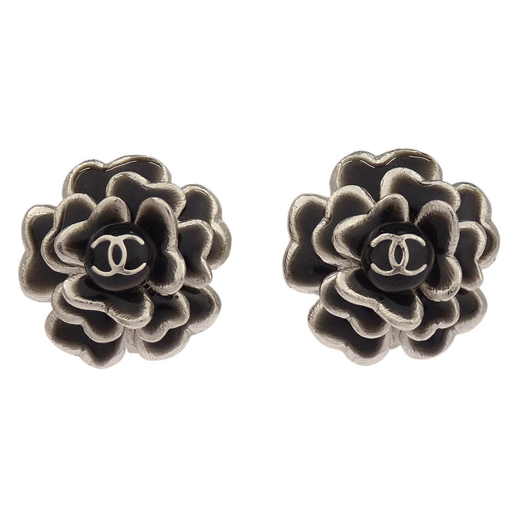 Chanel Flower Earrings Clip-On Silver Black 03C 166664