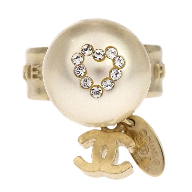 Chanel Rhinestone Artificial Pearl Ring Gold #52 08P 166668