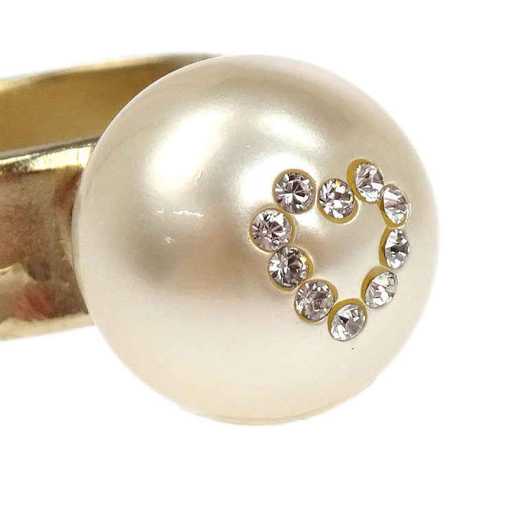 Chanel Rhinestone Artificial Pearl Ring Gold #52 08P 166668