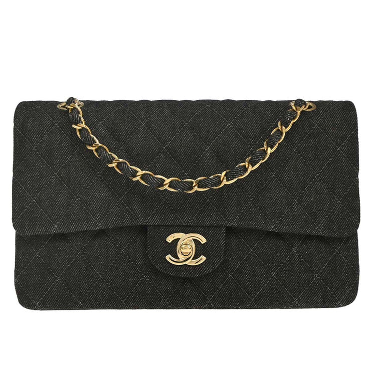 Chanel Black Denim Medium Classic Double Flap Shoulder Bag 177257