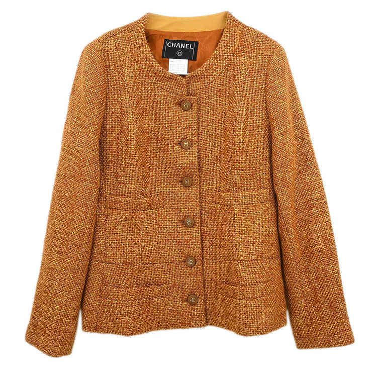 Chanel Single Breasted Collarless Jacket Brown 01A #42 177392