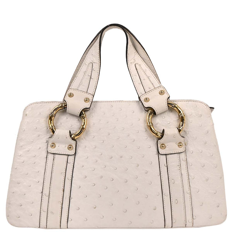 Gucci White Ostrich Metal Bamboo Handbag 131324 213317 177576