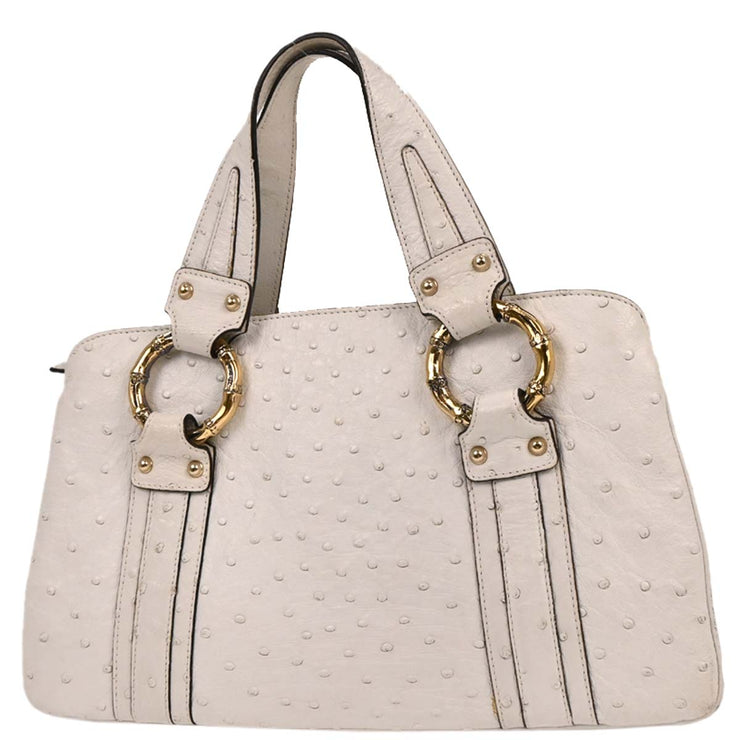 Gucci White Ostrich Metal Bamboo Handbag 131324 213317 177576
