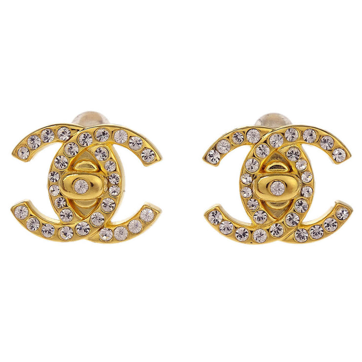 Chanel CC Turnlock Rhinestone Earrings Clip-On Gold Small 96A 177634