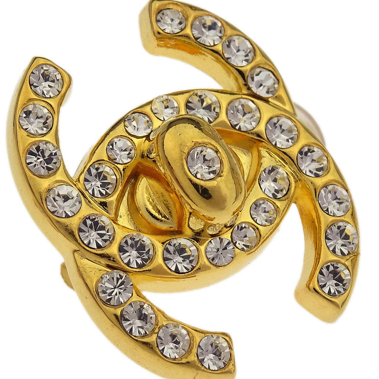 Chanel CC Turnlock Rhinestone Earrings Clip-On Gold Small 96A 177634