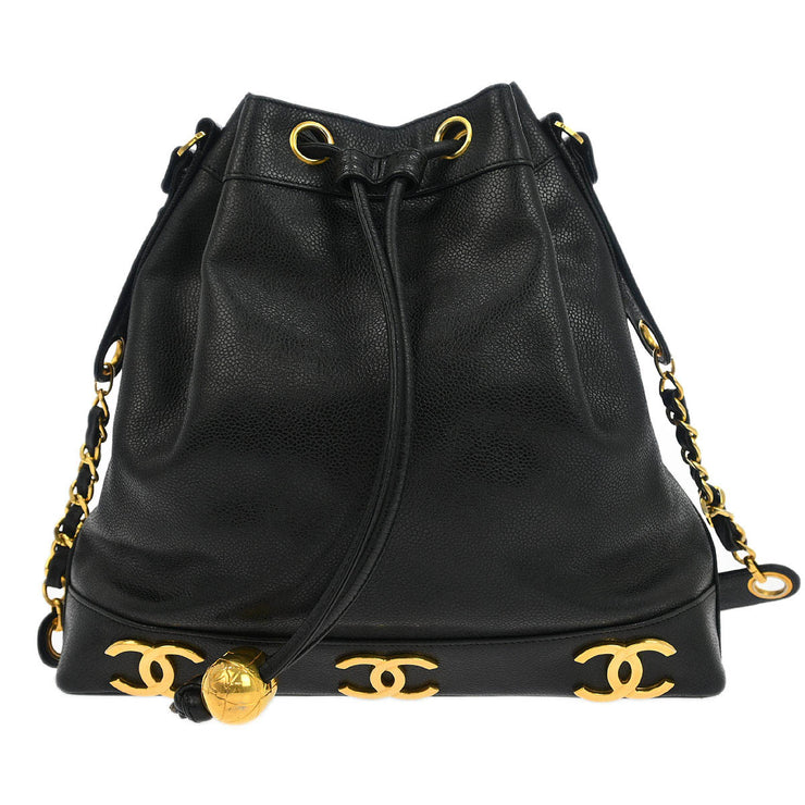 Chanel Black Calfskin Triple CC Drawstring Shoulder Bag 177652
