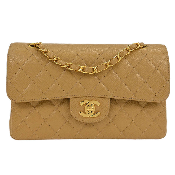 Chanel Beige Calfskin Small Classic Double Flap Shoulder Bag 186854