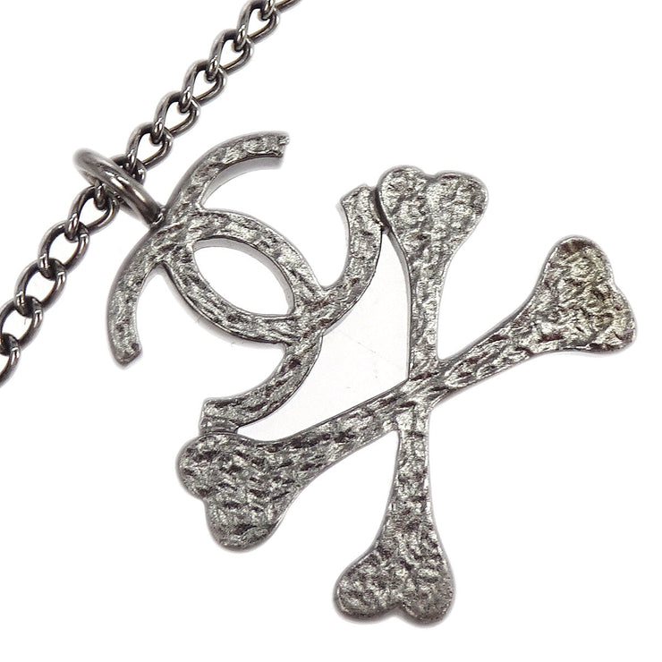 Chanel CC Crossbones Pendant Necklace Silver Black 03P 186871