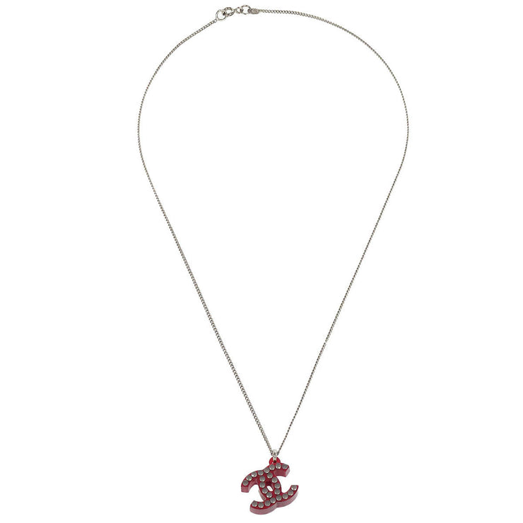Chanel CC Chain Pendant Necklace Acrylic Silver Red 05P 186909