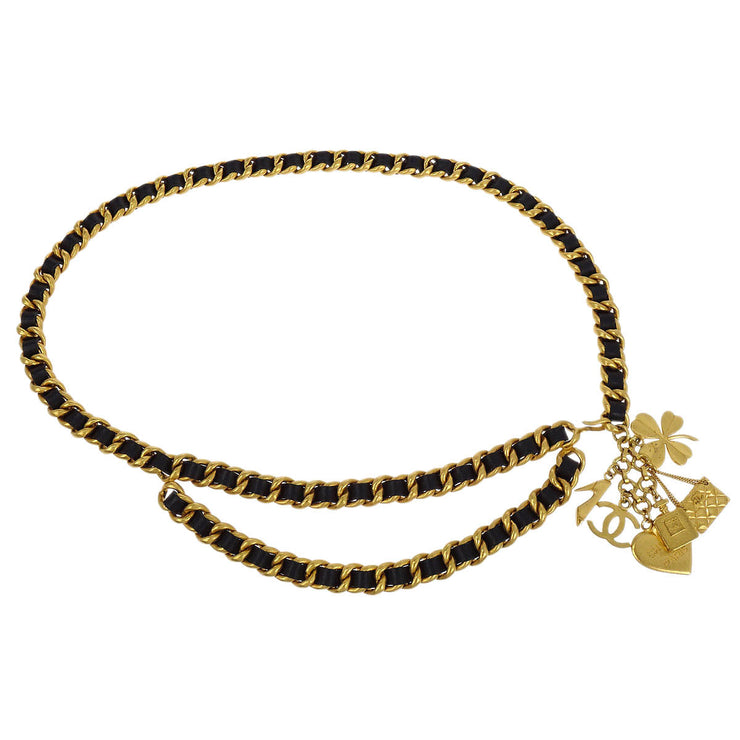 Chanel Icon Chain Belt Gold Black Leather 95A 186922
