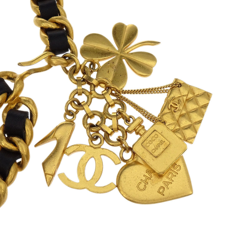 Chanel Icon Chain Belt Gold Black Leather 95A 186922