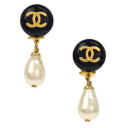 Chanel Artificial Pearl Dangle Earrings Clip-On Black 95A 186999