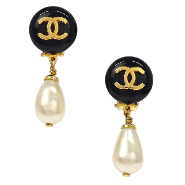 Chanel Artificial Pearl Dangle Earrings Clip-On Black 95A 186999
