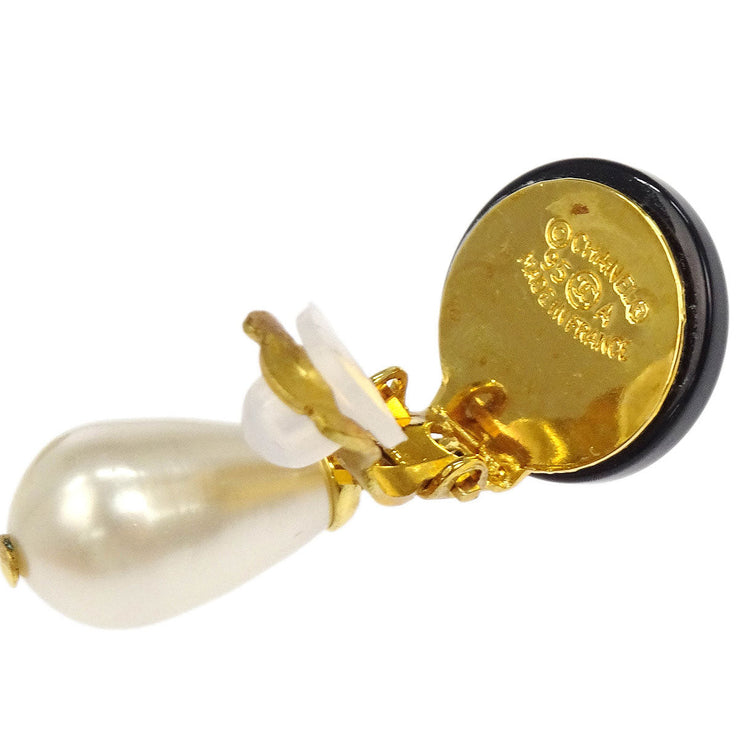 Chanel Artificial Pearl Dangle Earrings Clip-On Black 95A 186999
