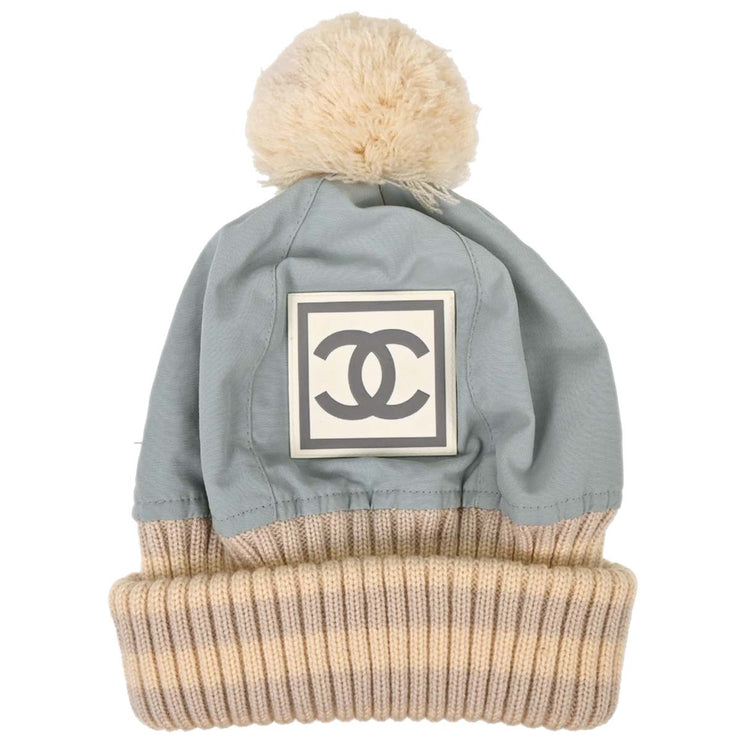 Chanel Light Blue Knit Cap Hat Sport Line #M Small Good 187019