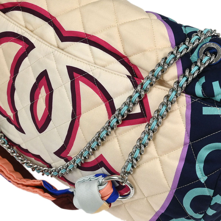 Chanel Light Blue Navy Satin XXL Quilted Printed Shoulder Bag 196030