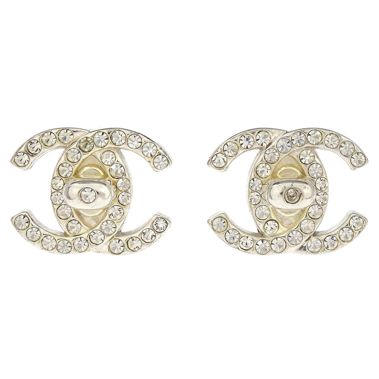 Chanel Turnlock Earrings Clip-On Silver Rhinestone 97P 196102
