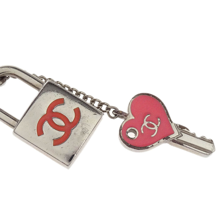 Chanel Padlock Key Pendant Necklace Silver Pink 07P 196147