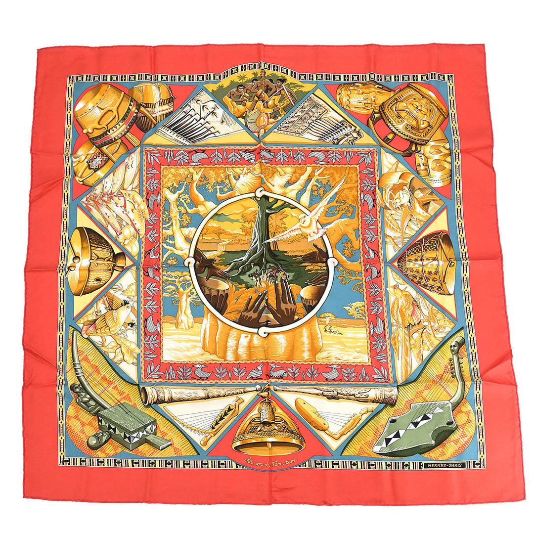 エルメス カレ90 シルク スカーフ Au Son du Tam Tam Hermes Scarf Carre 90 Au Son du Tam Tam Red Small Good