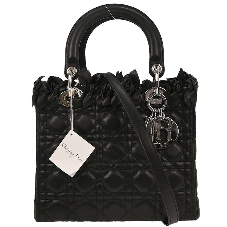 Christian Dior Black Lambskin Lady Dior Cannage 2way Handbag 11-MA-0171 196336