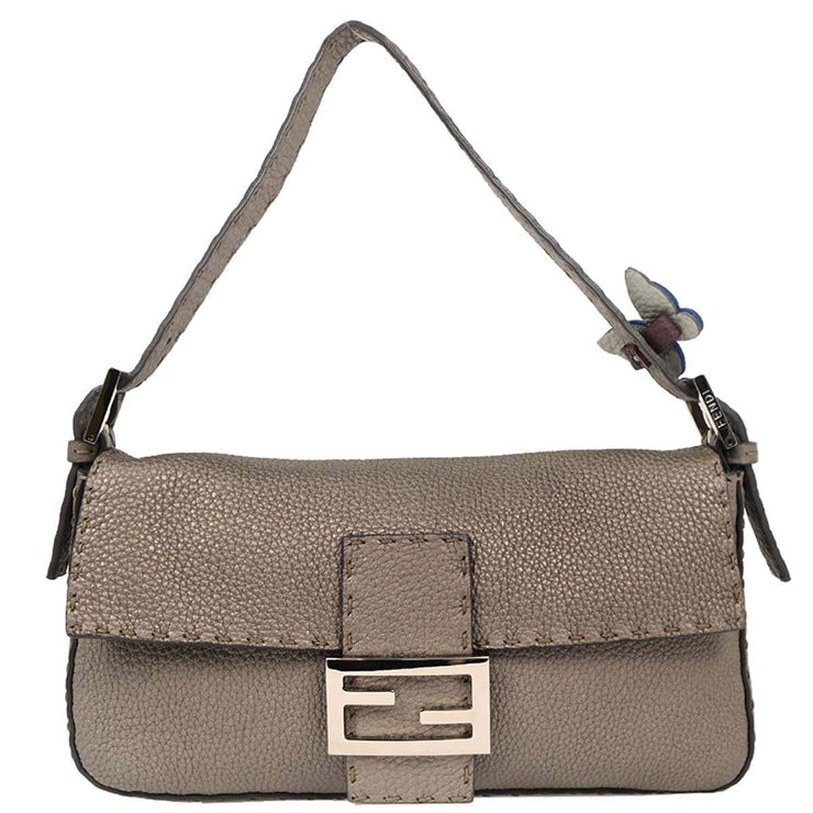 Fendi Gray Leather Stitch Baguette Handbag 196338