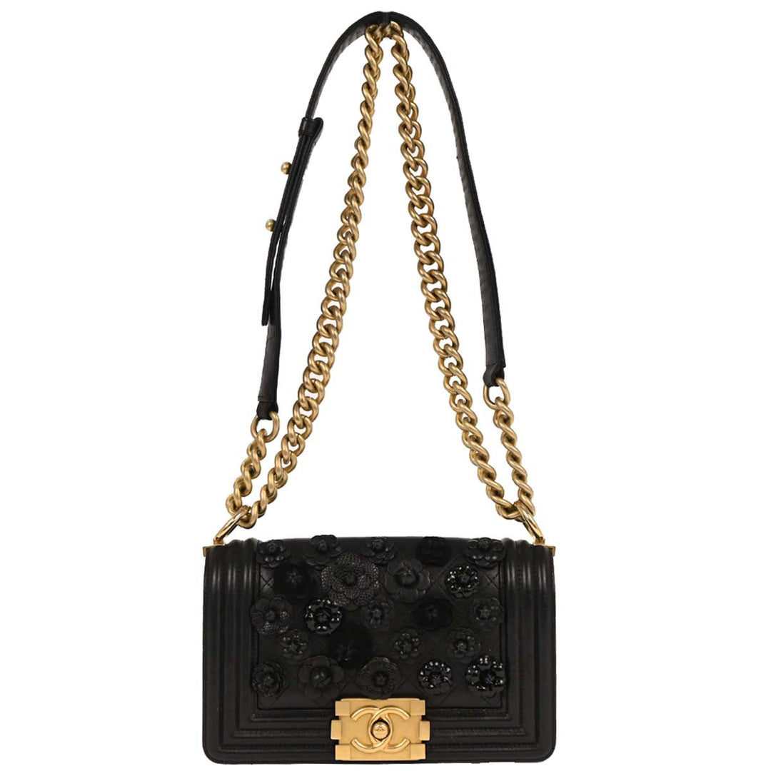Boy Chanel Black Lambskin Camellia Small Chain Shoulder Bag 196416