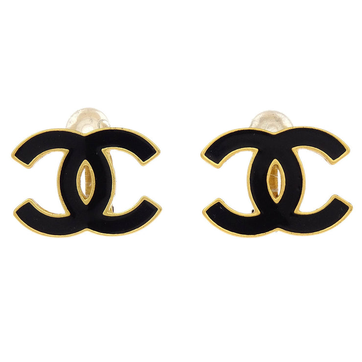 Chanel CC Black Earrings Clip-On Gold 02A 196452
