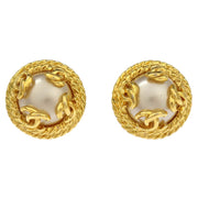 Chanel Earrings Clip-On Button Artificial Pearl Gold 95A 196465