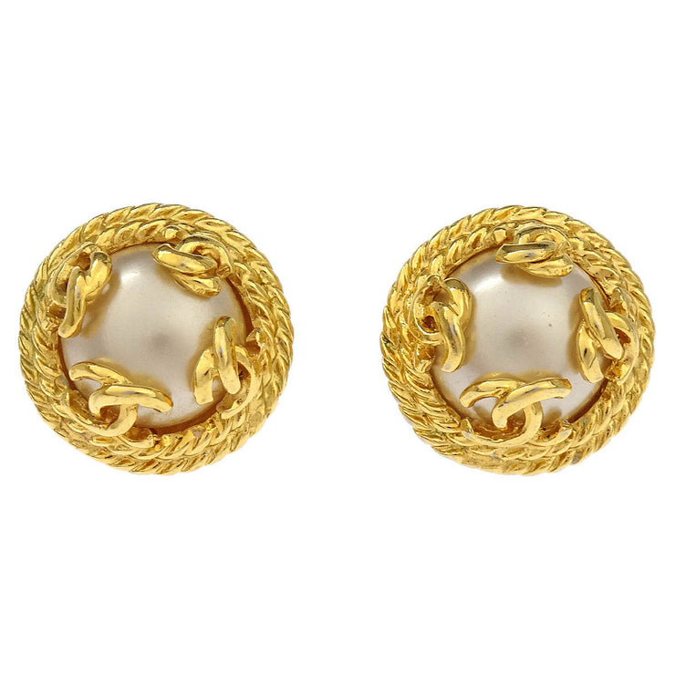 Chanel Earrings Clip-On Button Artificial Pearl Gold 95A 196465