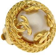 Chanel Earrings Clip-On Button Artificial Pearl Gold 95A 196465