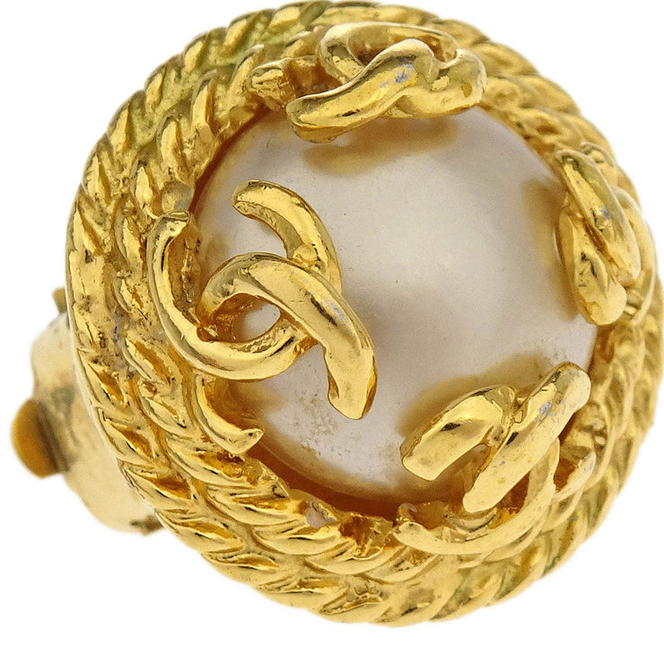 Chanel Earrings Clip-On Button Artificial Pearl Gold 95A 196465