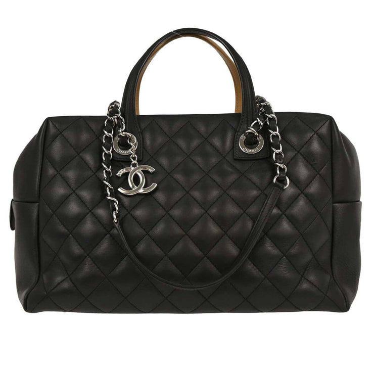 Chanel Black Beige Calfskin Featherweight Bowling Bag 196475