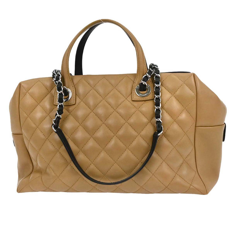 Chanel Black Beige Calfskin Featherweight Bowling Bag 196475