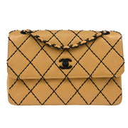 Chanel Beige Lambskin Wild Stitch Straight Flap Shoulder Bag 185158