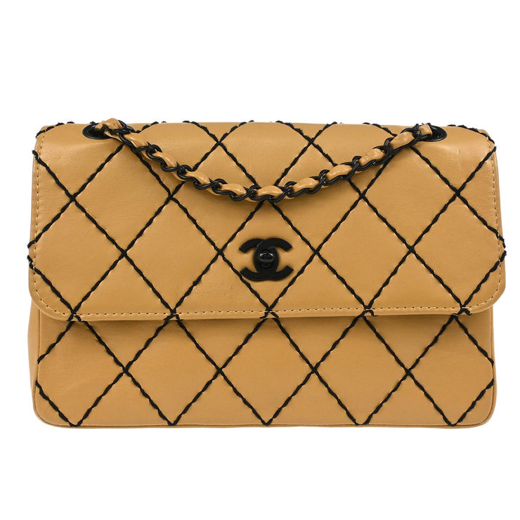 Chanel Beige Lambskin Wild Stitch Straight Flap Shoulder Bag 185158