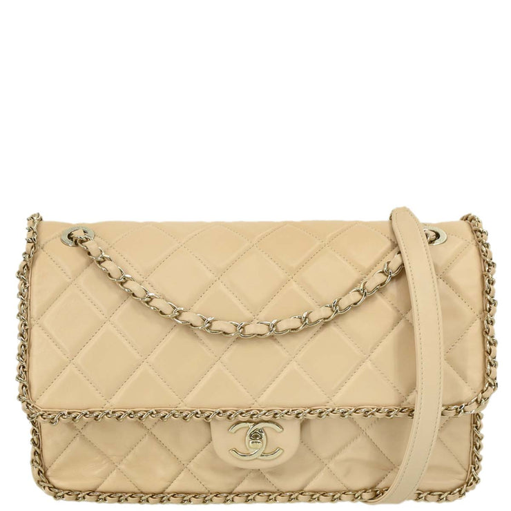 Chanel Beige Lambskin Jumbo Chain All Over Flap Shoulder Bag 166313