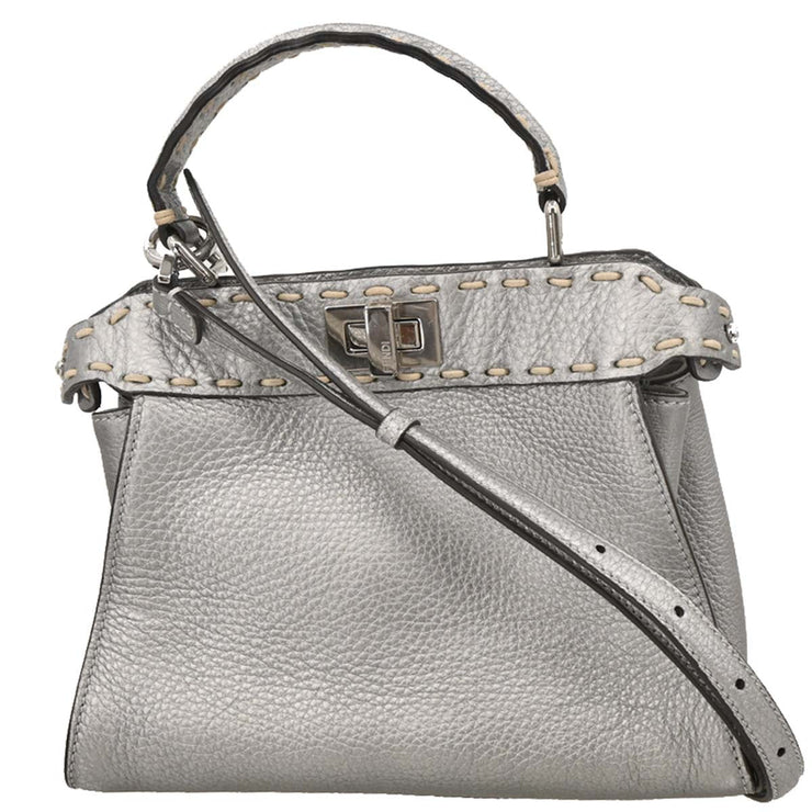 Fendi Metallic Silver Leather Peekaboo 2way Handbag 8BN244-AJGM-228-0189 XX07408
