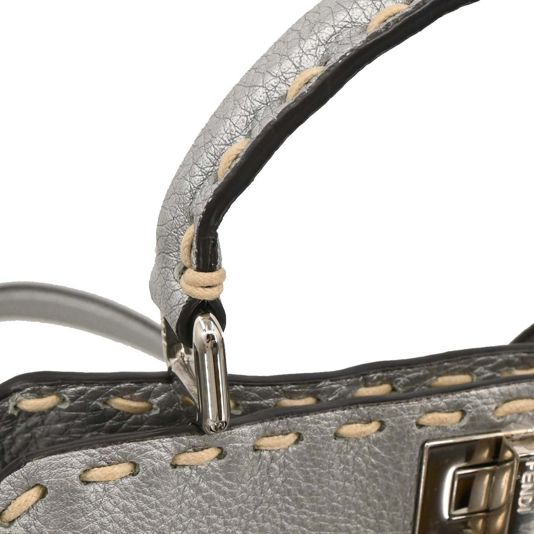 Fendi Metallic Silver Leather Peekaboo 2way Handbag 8BN244-AJGM