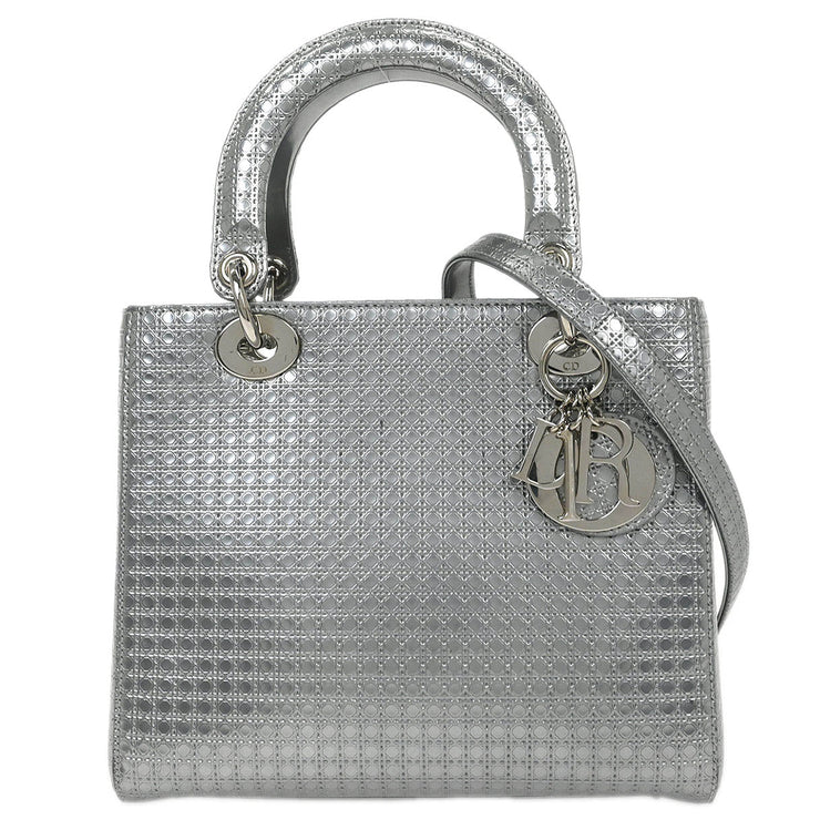 Christian Dior Silver Lady Dior Cannage 2way Handbag 12-BO-1115 AQ00044