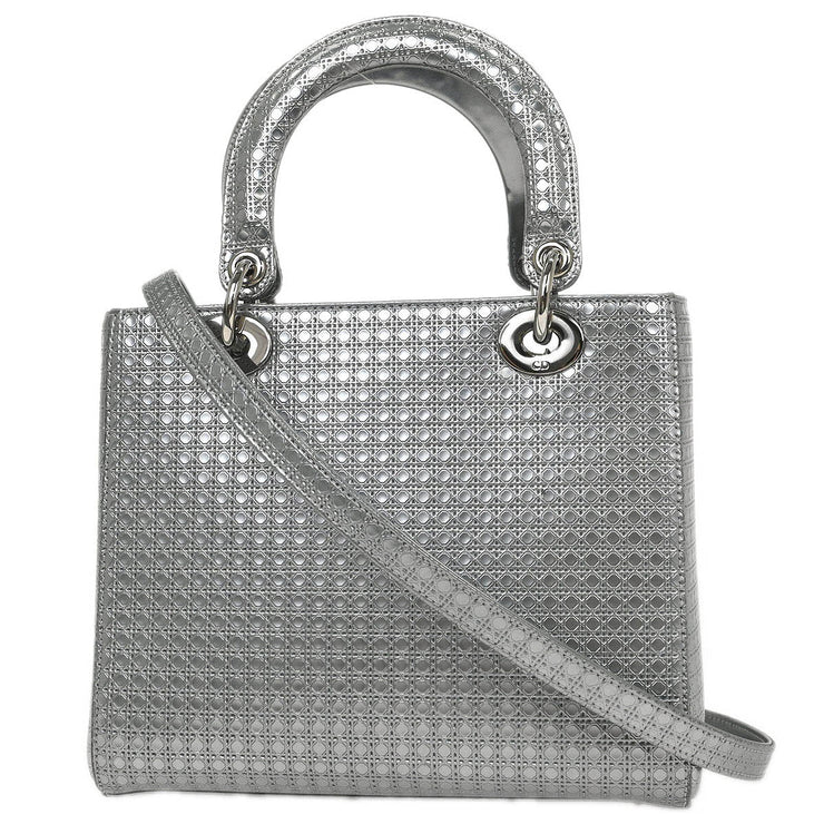 Christian Dior Silver Lady Dior Cannage 2way Handbag 12-BO-1115 AQ00044
